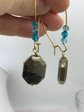 geometric pyrite earrings, dangling earrings, dramatic earrings, boho jewelry, hippie earrings, blue agate earrings,