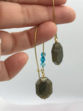 geometric pyrite earrings, dangling earrings, dramatic earrings, boho jewelry, hippie earrings, blue agate earrings,