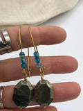 geometric pyrite earrings, dangling earrings, dramatic earrings, boho jewelry, hippie earrings, blue agate earrings,
