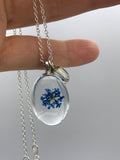 Blue dried flower initial necklace, boho jewelry, flower jewelry, terrarium jewelry, spring flowers, Silver initial