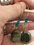 geometric pyrite earrings, dangling earrings, dramatic earrings, boho jewelry, hippie earrings, blue agate earrings,