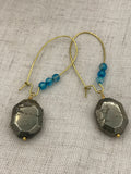 geometric pyrite earrings, dangling earrings, dramatic earrings, boho jewelry, hippie earrings, blue agate earrings,