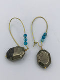 geometric pyrite earrings, dangling earrings, dramatic earrings, boho jewelry, hippie earrings, blue agate earrings,