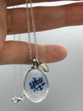 Blue dried flower initial necklace, boho jewelry, flower jewelry, terrarium jewelry, spring flowers, Silver initial