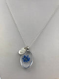 Blue dried flower initial necklace, boho jewelry, flower jewelry, terrarium jewelry, spring flowers, Silver initial