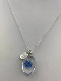 Blue dried flower initial necklace, boho jewelry, flower jewelry, terrarium jewelry, spring flowers, Silver initial