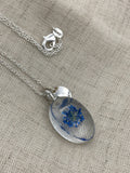 Blue dried flower initial necklace, boho jewelry, flower jewelry, terrarium jewelry, spring flowers, Silver initial