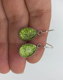 Dangle tear drop glitter earrings, peridot green glitter stud earrings, boho jewelry,  tear drop earrings,