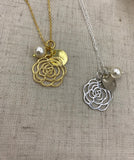 Yellow Gold Rose Necklace, silver flower necklace, initial, bridesmaid gift, pearl, flower girl jewelry, mother of the bride, maid of honor