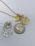 Yellow Gold Rose Necklace, silver flower necklace, initial, bridesmaid gift, pearl, flower girl jewelry, mother of the bride, maid of honor
