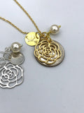 Yellow Gold Rose Necklace, silver flower necklace, initial, bridesmaid gift, pearl, flower girl jewelry, mother of the bride, maid of honor