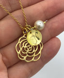 Yellow Gold Rose Necklace, silver flower necklace, initial, bridesmaid gift, pearl, flower girl jewelry, mother of the bride, maid of honor