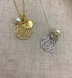 Yellow Gold Rose Necklace, silver flower necklace, initial, bridesmaid gift, pearl, flower girl jewelry, mother of the bride, maid of honor