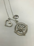 Wanderlust travelers necklace, compass, heart and initial necklace in silver
