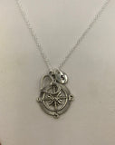 Wanderlust travelers necklace, compass, heart and initial necklace in silver