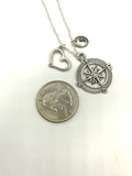 Wanderlust travelers necklace, compass, heart and initial necklace in silver