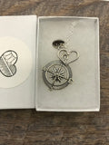 Wanderlust travelers necklace, compass, heart and initial necklace in silver