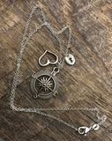 Wanderlust travelers necklace, compass, heart and initial necklace in silver