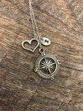Wanderlust travelers necklace, compass, heart and initial necklace in silver