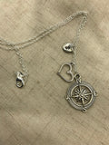 Wanderlust travelers necklace, compass, heart and initial necklace in silver