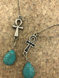 Ankh and turquoise drop long dangly boho Earrings