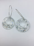 Large Glittery sparkling dangly resin hoop earrings in silver, modern, statement, funky jewelry