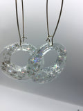 Large Glittery sparkling dangly resin hoop earrings in silver, modern, statement, funky jewelry