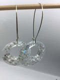 Large Glittery sparkling dangly resin hoop earrings in silver, modern, statement, funky jewelry
