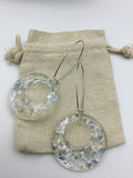 Large Glittery sparkling dangly resin hoop earrings in silver, modern, statement, funky jewelry