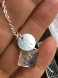 initial necklace, hippie, pressed flowers, dried flower necklace, silver necklace, Terrarium, forget me not, Real flower in resin