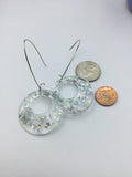 Large Glittery sparkling dangly resin hoop earrings in silver, modern, statement, funky jewelry