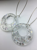 Large Glittery sparkling dangly resin hoop earrings in silver, modern, statement, funky jewelry