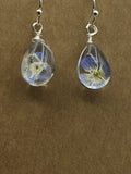 Dried pressed flower earrings, forget me knot flowers in glass drop earrings, Rose gold flower jewelry, boho earrings, hippie,