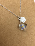 initial necklace, hippie, pressed flowers, dried flower necklace, silver necklace, Terrarium, forget me not, Real flower in resin