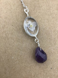 Forget me not, dried flower, pendant, with an amethyst briolette drop in Rose gold, gold, or silver, beautiful gift,  necklace gift for her