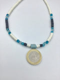 Larimer raw stone, choker collar, puma shell, surfer necklace, polymer clay beads, blue agate, men’s gift, boho, hippie style jewelry