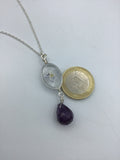 Forget me not, dried flower, pendant, with an amethyst briolette drop in Rose gold, gold, or silver, beautiful gift,  necklace gift for her