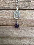 Forget me not, dried flower, pendant, with an amethyst briolette drop in Rose gold, gold, or silver, beautiful gift,  necklace gift for her
