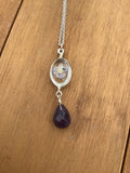Forget me not, dried flower, pendant, with an amethyst briolette drop in Rose gold, gold, or silver, beautiful gift,  necklace gift for her