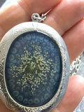 Dried flower, Long Locket Necklace, keepsake large oval locket, Queen Anne’s lace, vintage look locket necklace, long locket,