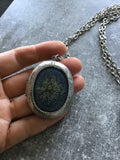 Dried flower, Long Locket Necklace, keepsake large oval locket, Queen Anne’s lace, vintage look locket necklace, long locket,