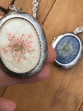 Dried flower, Long Locket Necklace, keepsake large oval locket, Queen Anne’s lace, vintage look locket necklace, long locket,