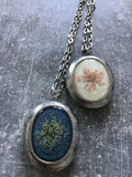 Dried flower, Long Locket Necklace, keepsake large oval locket, Queen Anne’s lace, vintage look locket necklace, long locket,