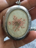 Dried flower, Long Locket Necklace, keepsake large oval locket, Queen Anne’s lace, vintage look locket necklace, long locket,