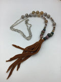 Long boho, leather tassel, fire agate, Indian agate, Botswana agate, statement necklace