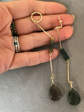 Long dangly earrings, indian agate in dark green and brown tones, in 18k plated gold beautiful jewelry gift, for mom, or best friend