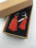 Tassel and feather earrings, hippie, boho style, red, white, or black tassels,