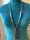 Long boho, leather tassel, fire agate, Indian agate, Botswana agate, statement necklace