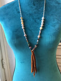 Long boho, leather tassel, fire agate, Indian agate, Botswana agate, statement necklace
