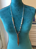 Long boho, leather tassel, fire agate, Indian agate, Botswana agate, statement necklace